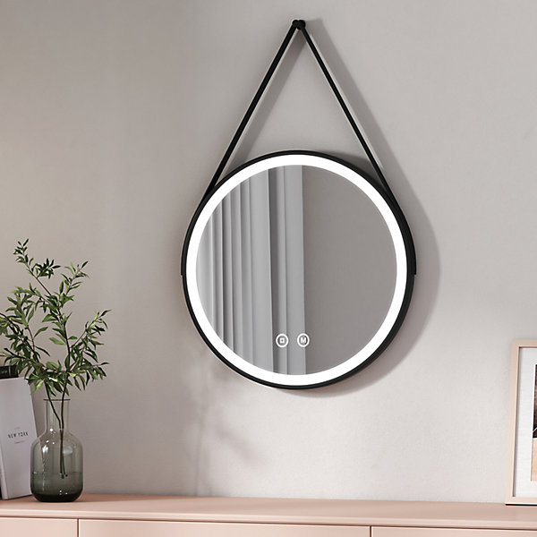EMKE Miroir lumineux salle de bain rond 50cm cadre noir, Sangle réglable, Interrupteur Tactile, LED Lumière Froide/Chaude/Neutre
