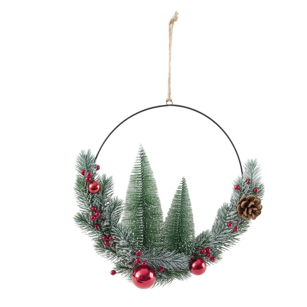 Couronne de No&euml;l avec sapins et boules à suspendre Ø30cm