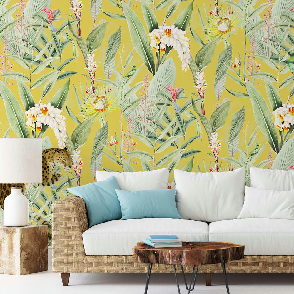 - Papier peint panoramique motifs fleur jardin tropical canari 425x260cm