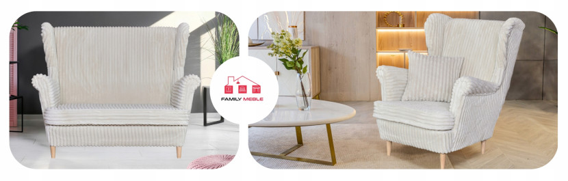 Zestaw uszak Rene Estella sofa fotele pufy Family Meble czarny sztruks
