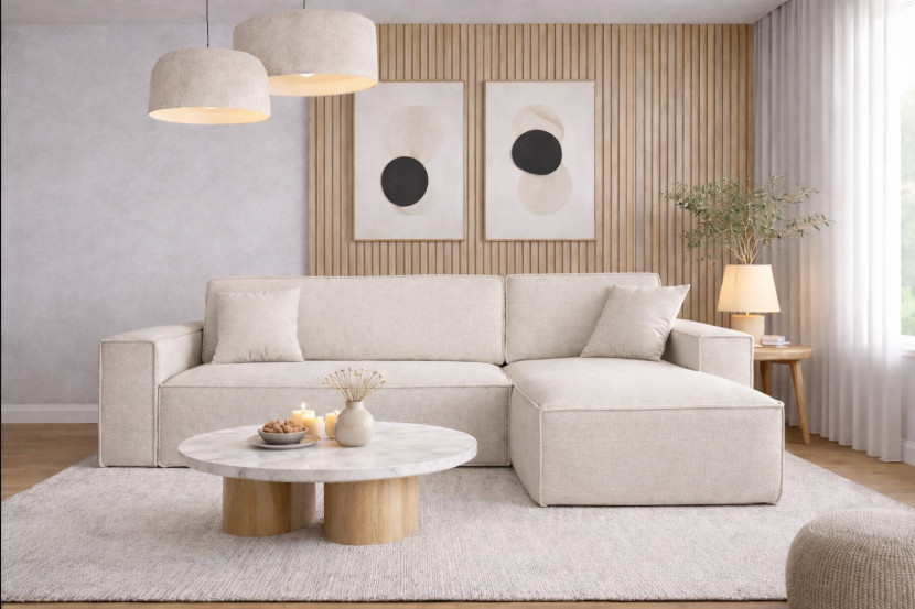 Sofa w kształcie L BEST narożnik tkanina Neve, Ecru Prawostronny