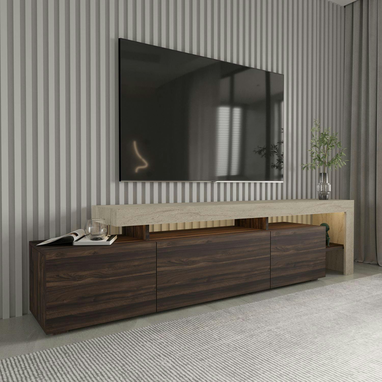 Meuble TV 3 portes décor noyer travertin cadre ouvert AURA