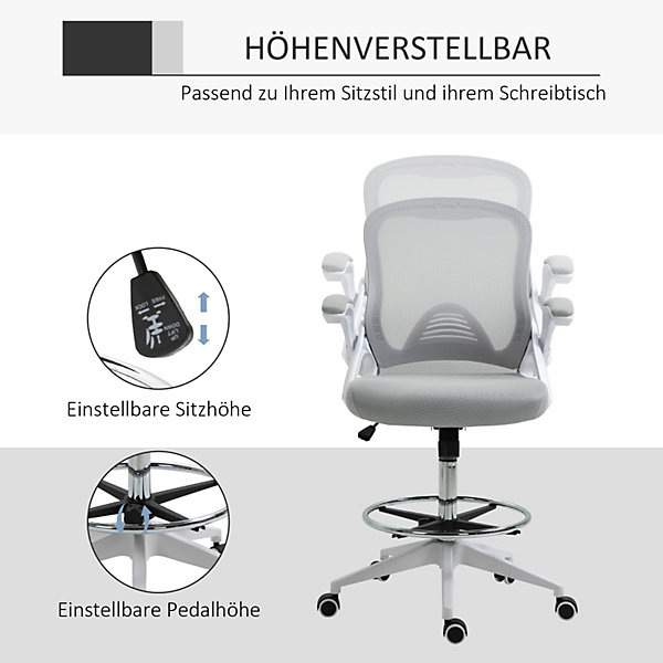 Fauteuil de Bureau Ergonomique - Chaise Pivotante,Accoudoirs Rabattables et Repose-Pieds Ajustable, Maille Respirante, Gris