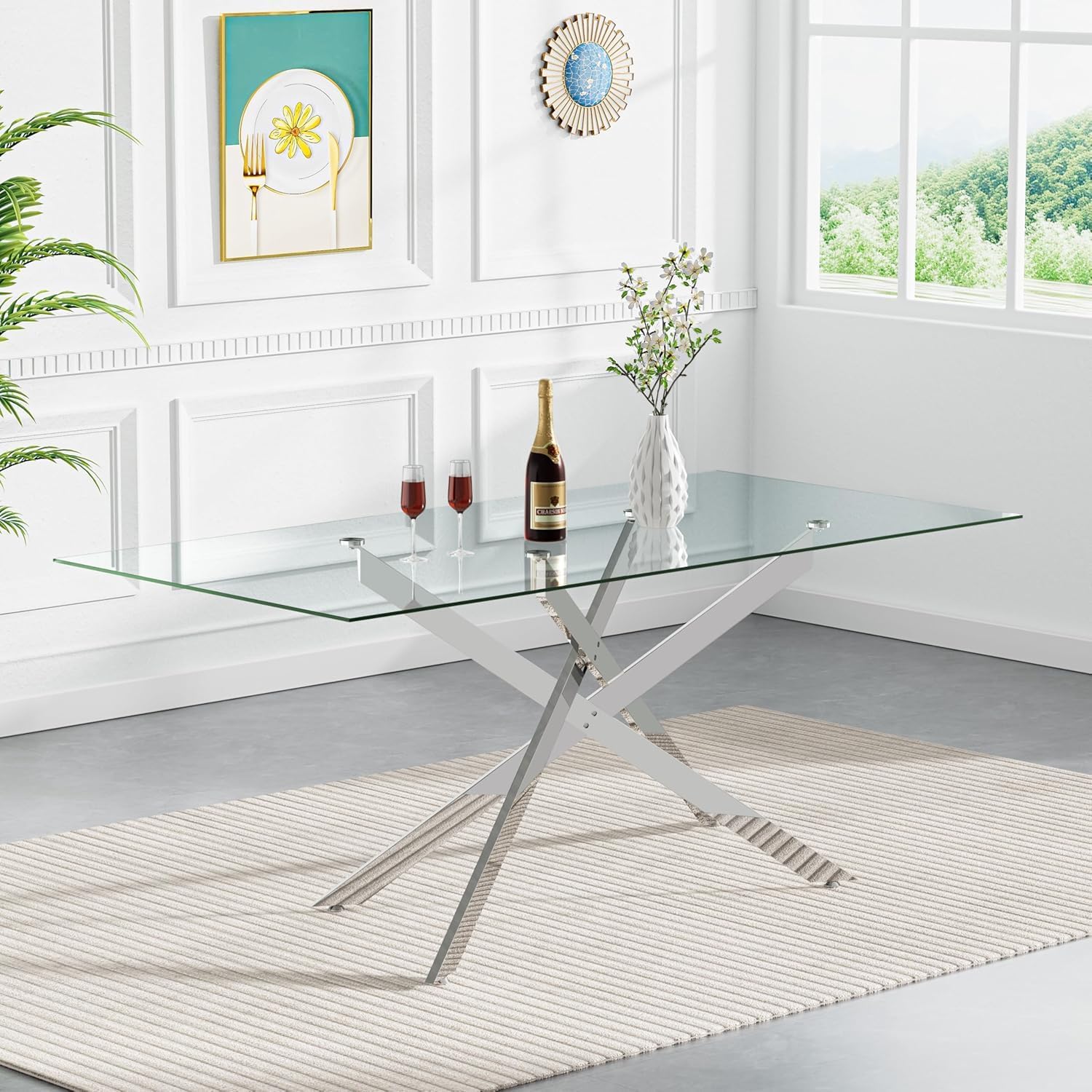 Modern Dining Table for 6 People, 60 Rectangle Dining Room Table with Silver Chrome Metal X-Base, Rectangular Tempered Glass Dining Table, Kitchen Dining Room Tables Luxury Dinner Table