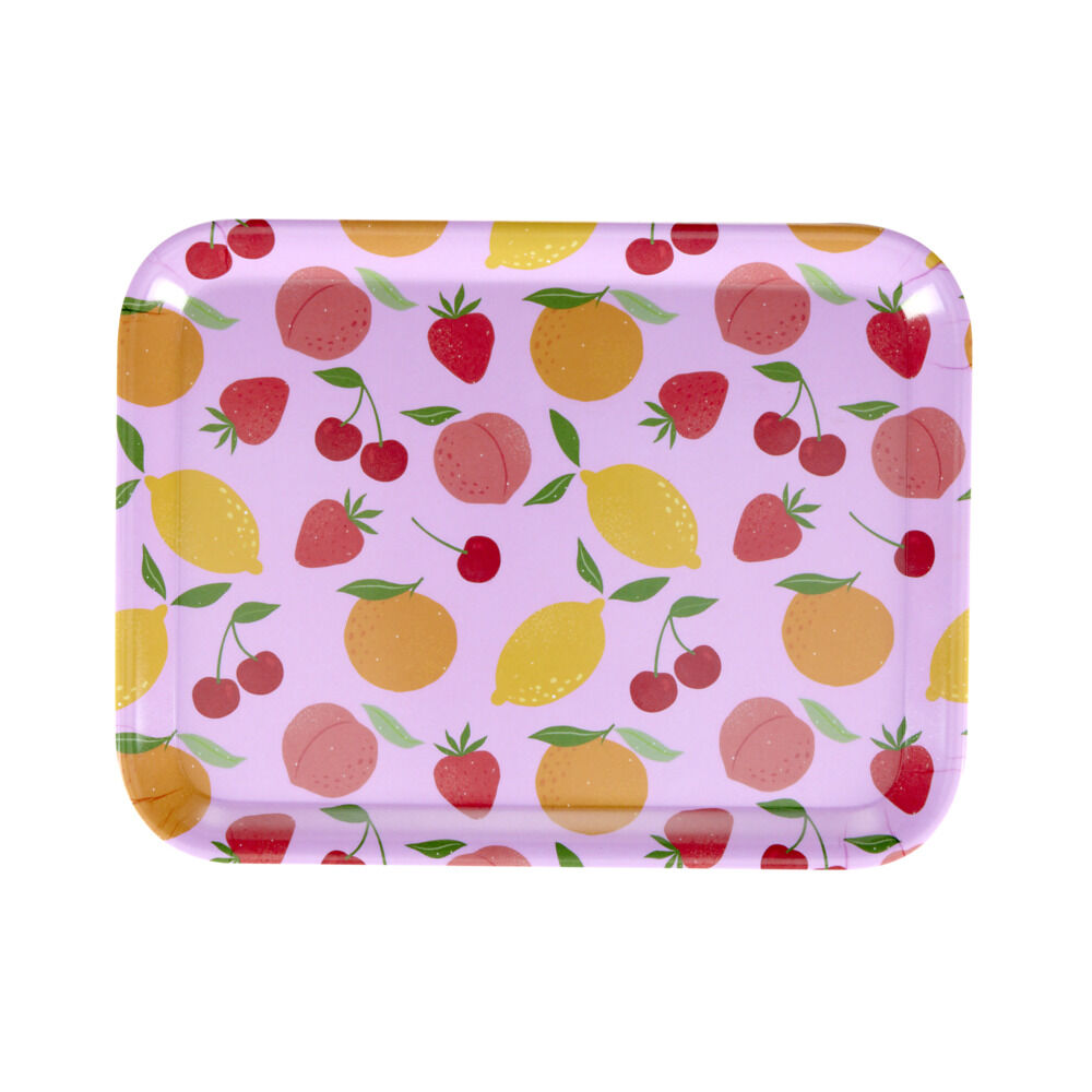 Plateau en mélaminé rose motifs fruits 29x22xH1,5cm