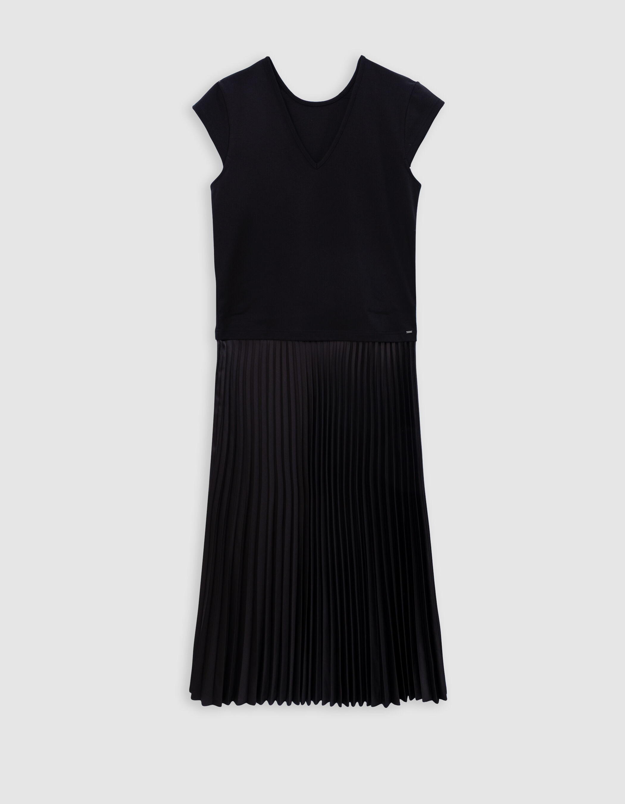 Robe longue noire bi-matière plissée Femme