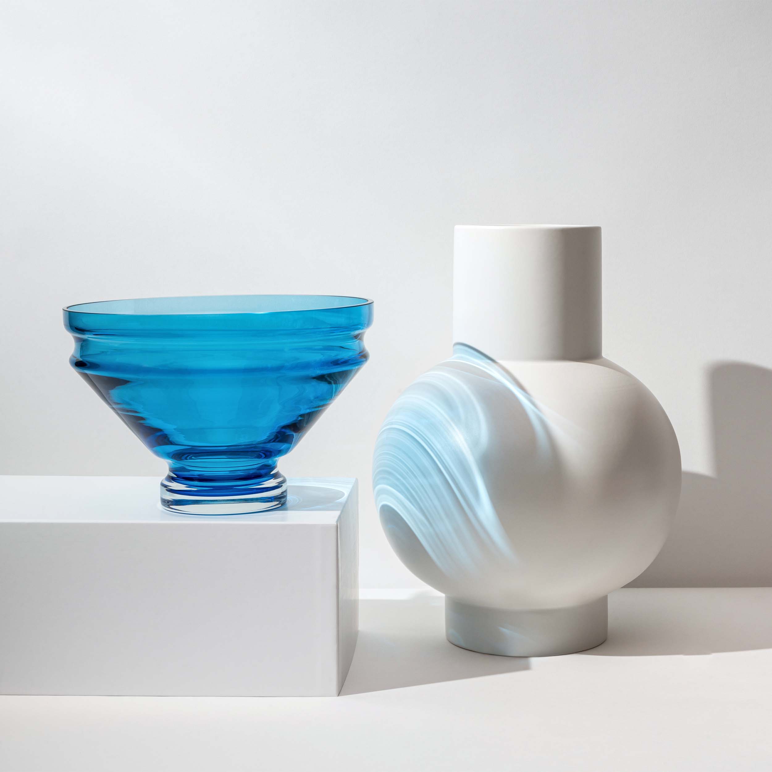 Large Aquamarine Blue Sculptural Ripple Glass Bowl