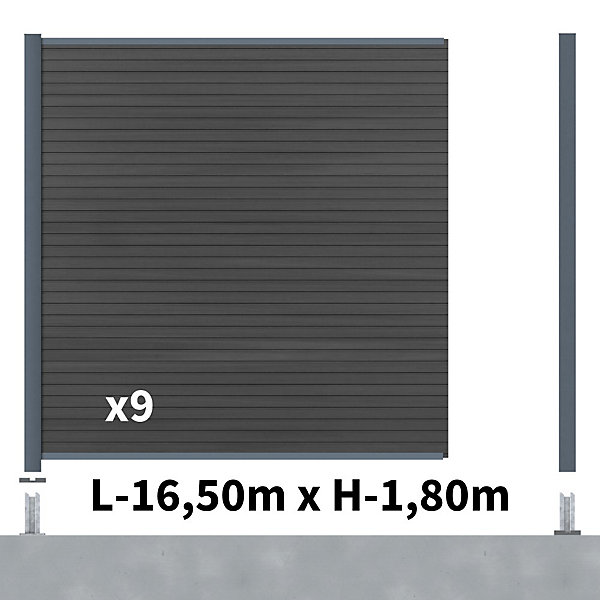 Kit Clôture Composite SANTOS Ardoise 16,5x1,8m - Bois composite &Aluminium - Poteaux sur Platines Gris - Brise vue - Palissade