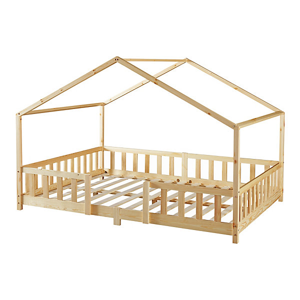 Lit d'Enfant Forme Maison avec Grille de Protection Treviolo200 x 140 cm Naturel en.casa