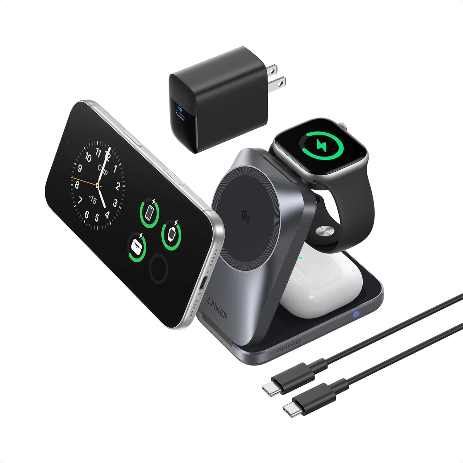 Anker Prime 3-in-1 Wireless Charging Station, MagSafe Charger Stand Compatible, Qi2.2 25W Certified Palm-Sized Foldable Charger for iPhone 17/16, Apple Watch, AirPods (Non-Battery, Adapter Included)