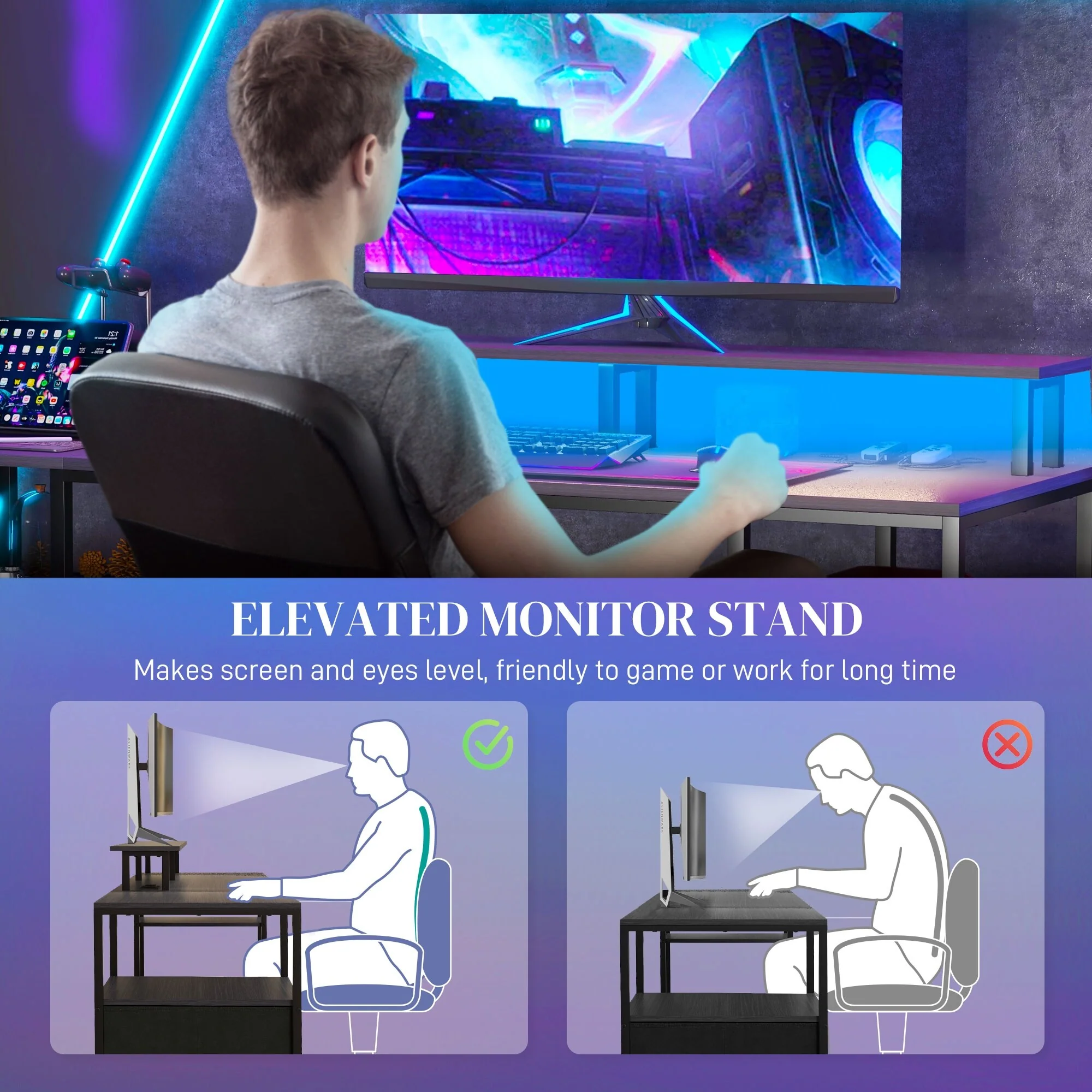 61 Computer Desk with LED Lights, Power Outlets, and USB Ports