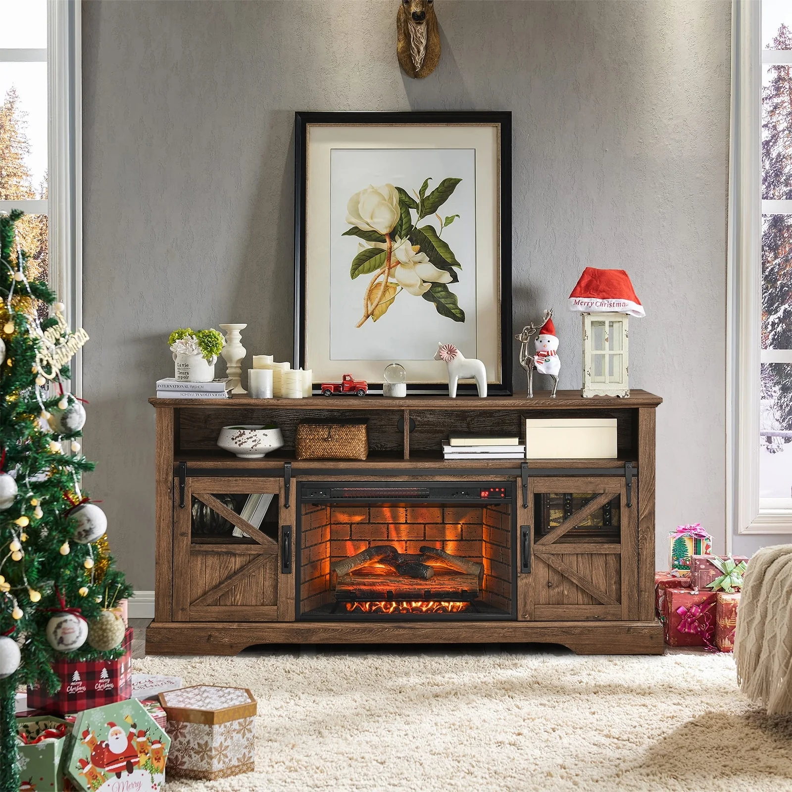 60W Fireplace TV Stand with Sliding Barn Door, Farmhouse TV Console - 60L x 15.75W x 32H