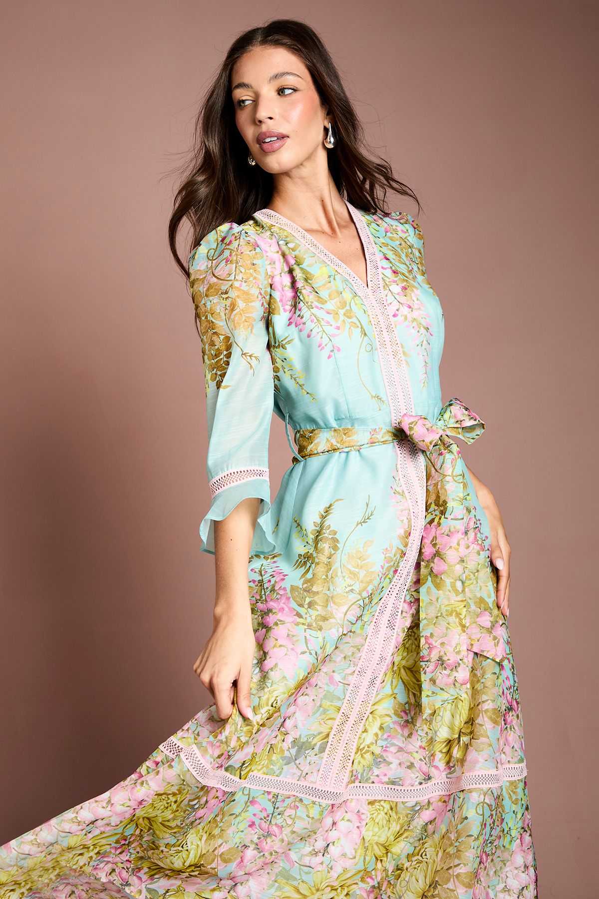 Coast Lace Trim Placement Print 3/4 Sleeve Midi Dress