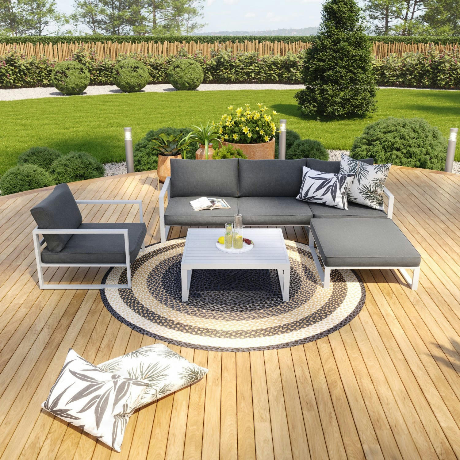 VALENCE - Salon de jardin design 5 places gris en aluminium blanc
