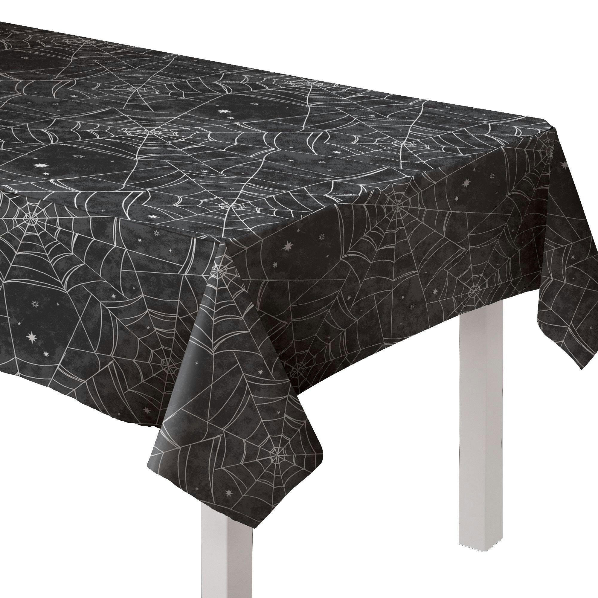 Rectangle Plastic Reusable Table Cover, Black/White, Spider Web, 52-in x 90-in, for Halloween