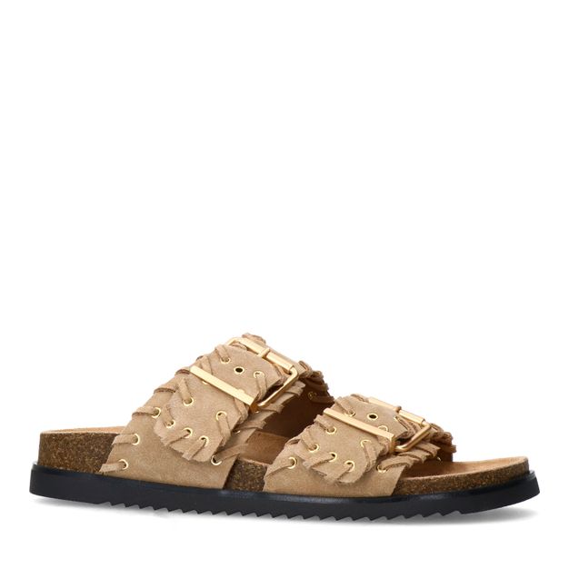 Beige suède slippers met goudkleurige buckles