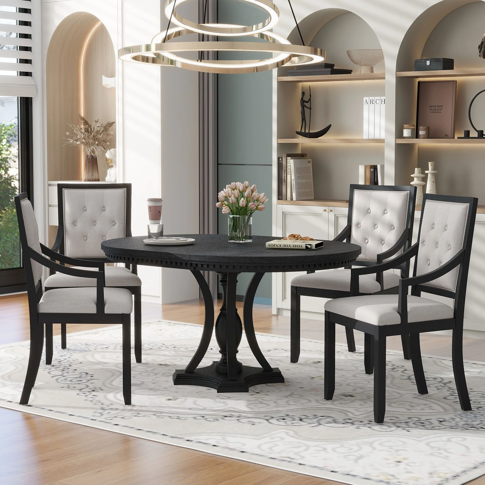 5-Piece Wooden Dining Table Set with Extendable Round Table & 4 Armchairs