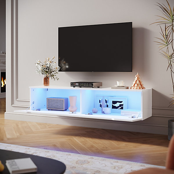 Meuble TV Blanc LED SIRHONAH35xL140xP30cmavec 2 Portes - Grande Capacité de Rangement