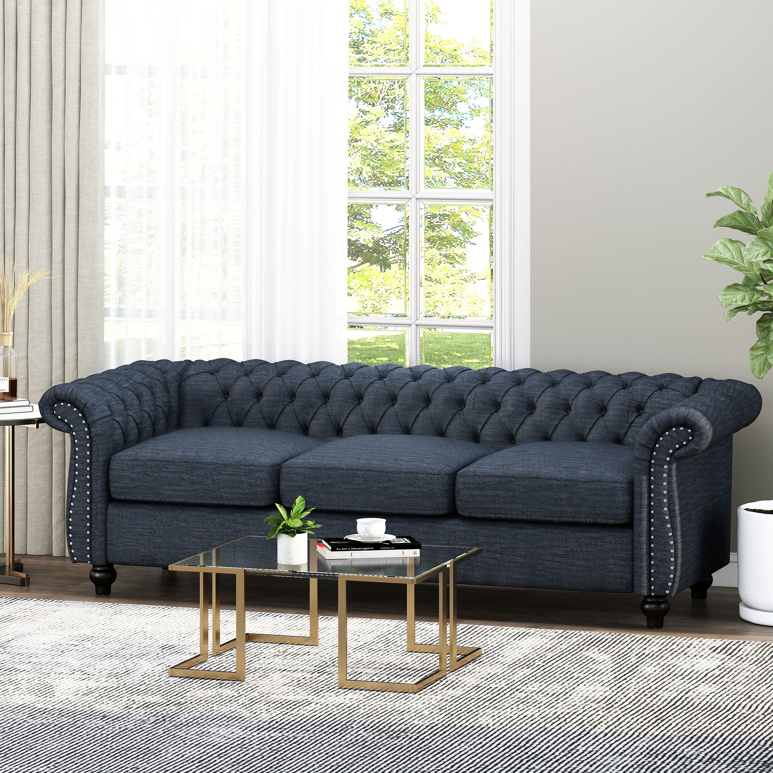 Navy Blue Chesterfield 84.75 Button Tufted Upholstered 3-seater Sofa with Nailheads and Wood Legs