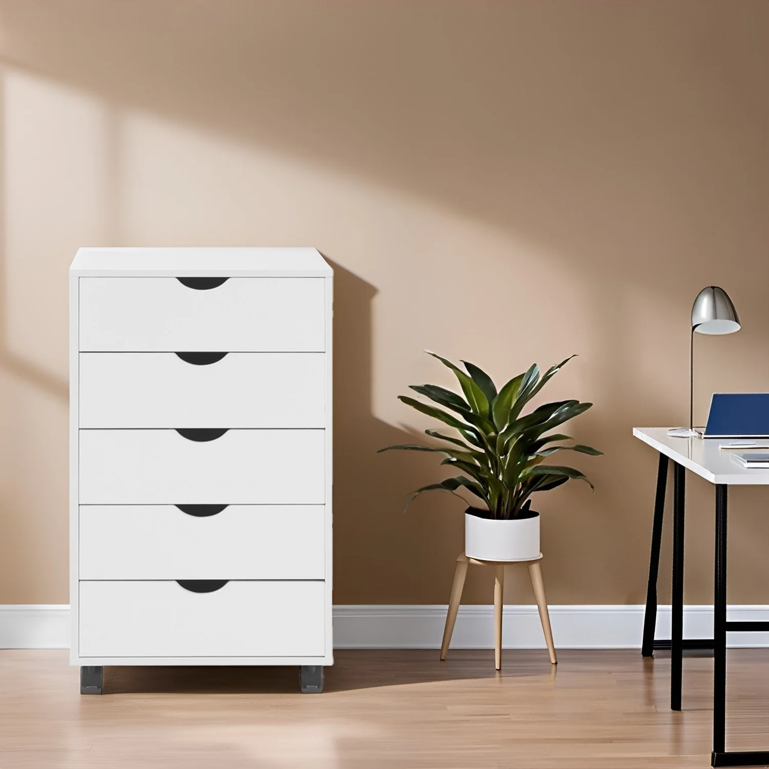 Portable Wooden 5-Drawer Cabinet with 360° Wheels, Easy Pullout Design, and Extra Top Storage