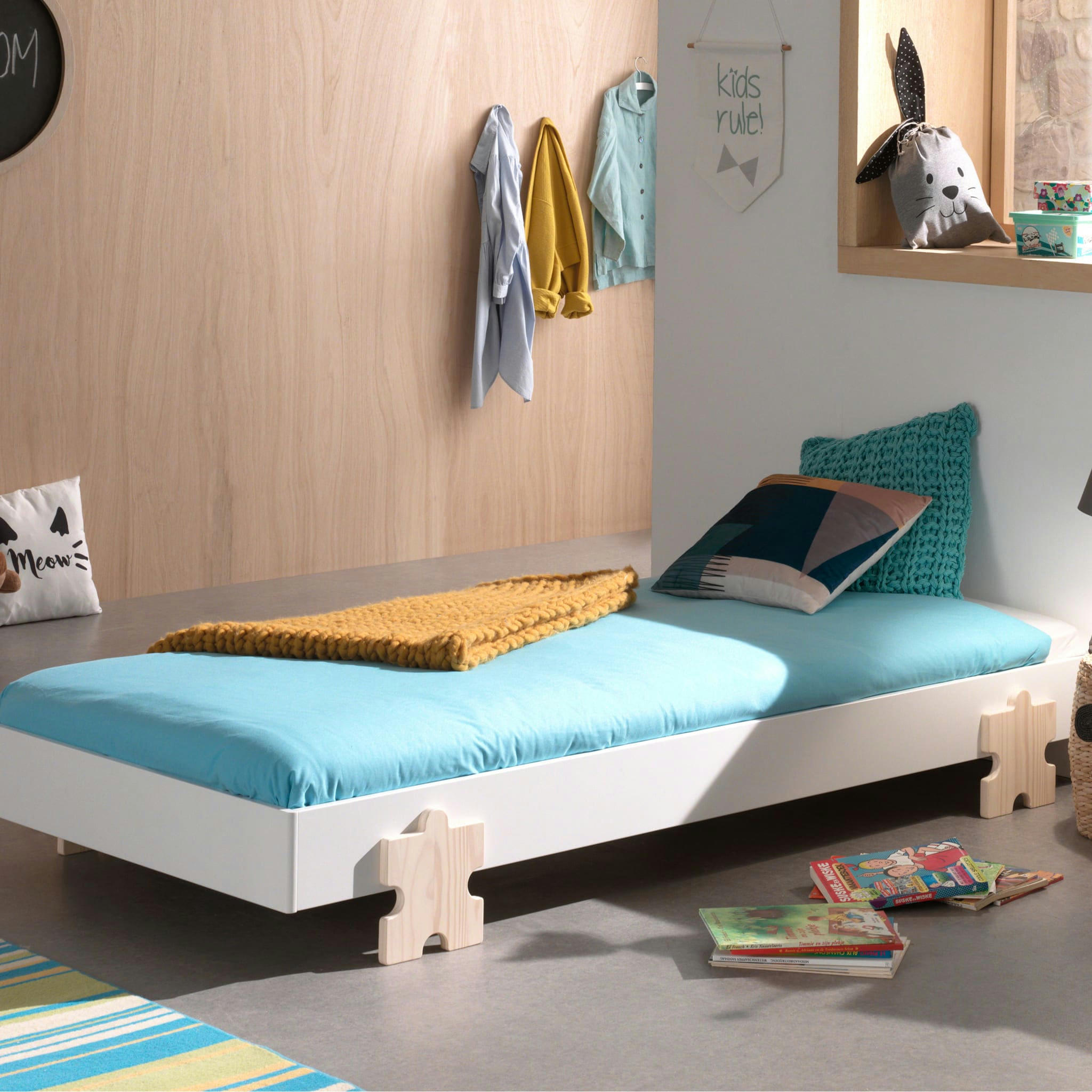 - Lit enfant en bois avec pieds puzzle 90x200 blanc