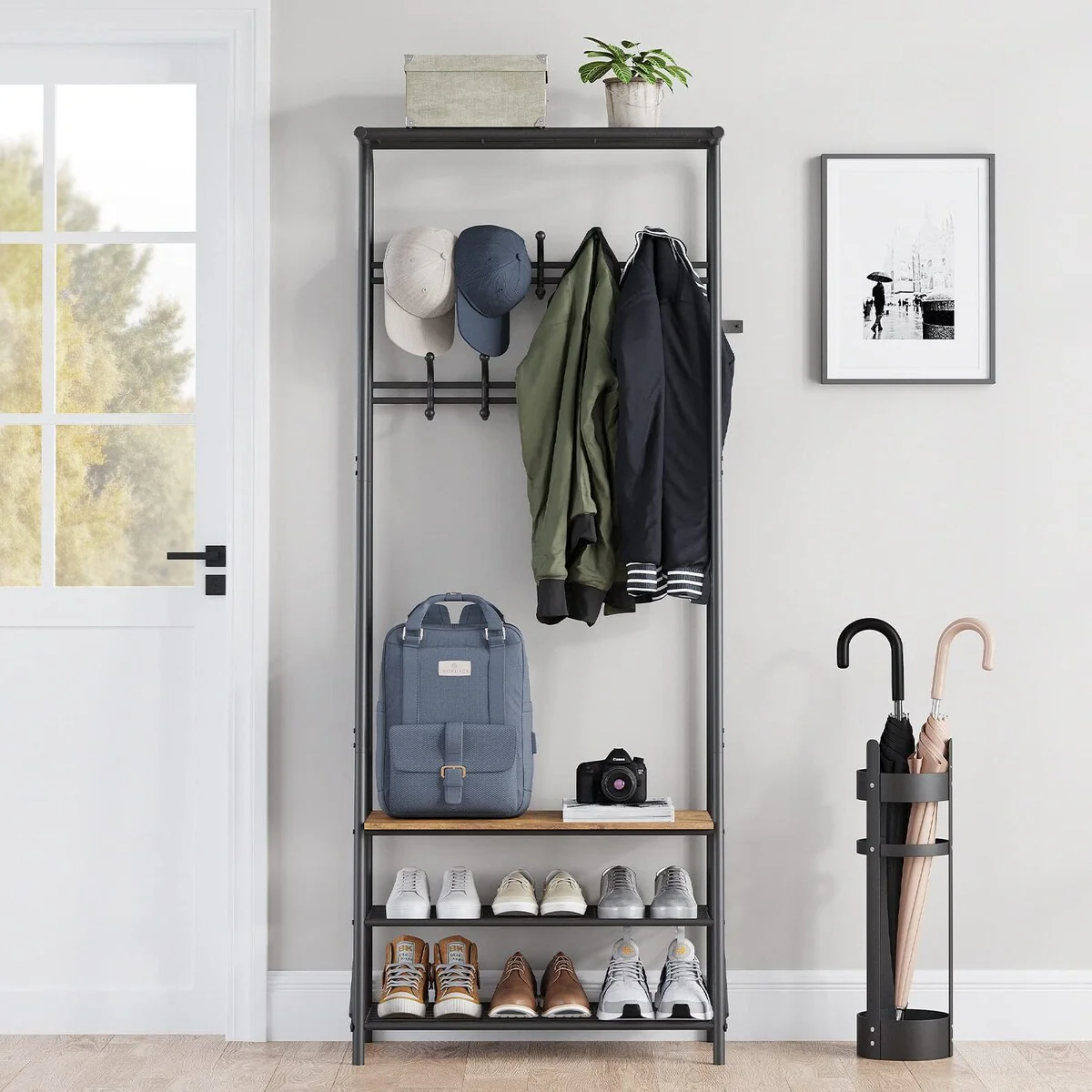 Coat Rack Shoe Bench with 10 Hooks, Hall Trees Entryway Bench with Storage, Multifunctional Hallway Organizer