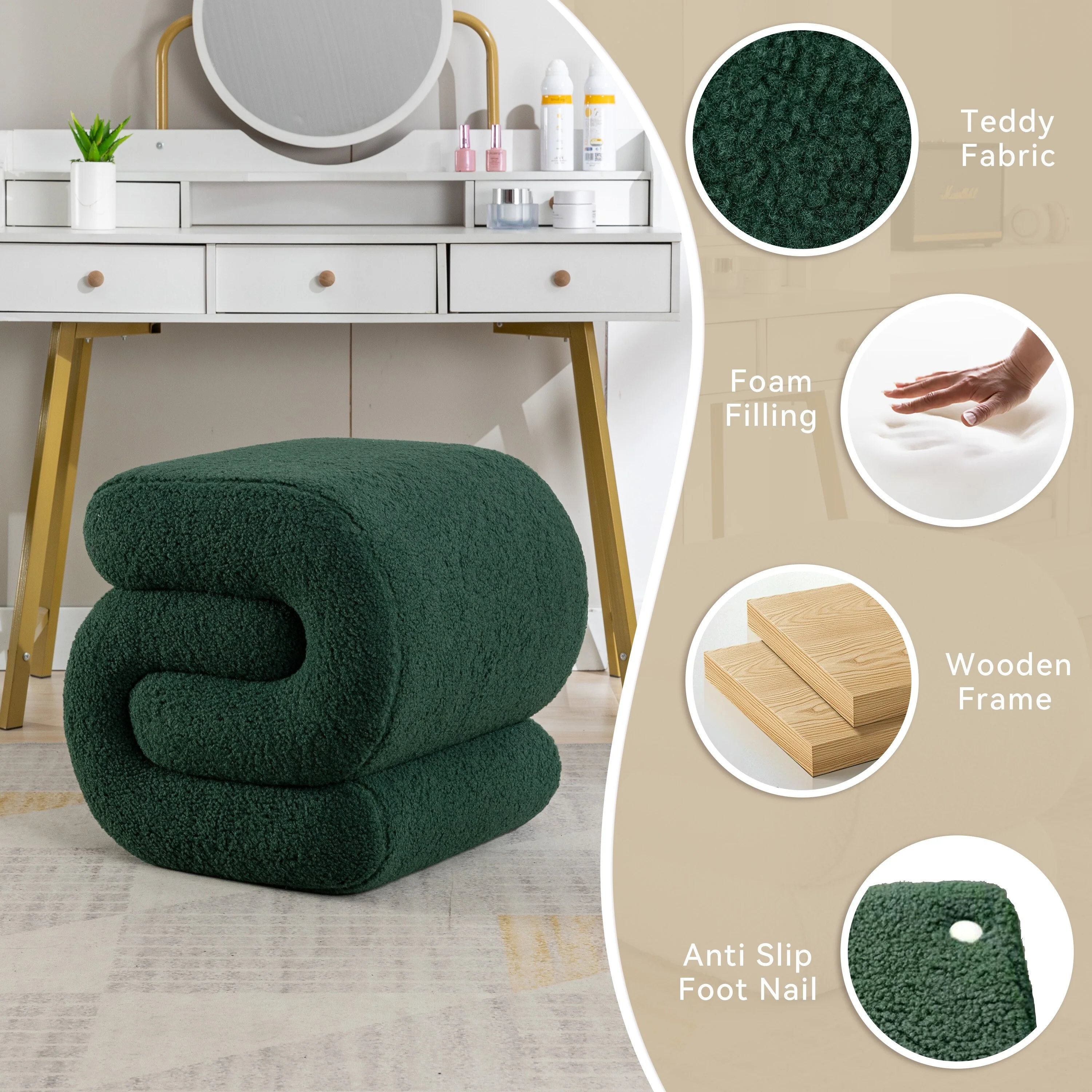 Sshape Velvet Fabric Ottoman Makeup Stool Footstool,