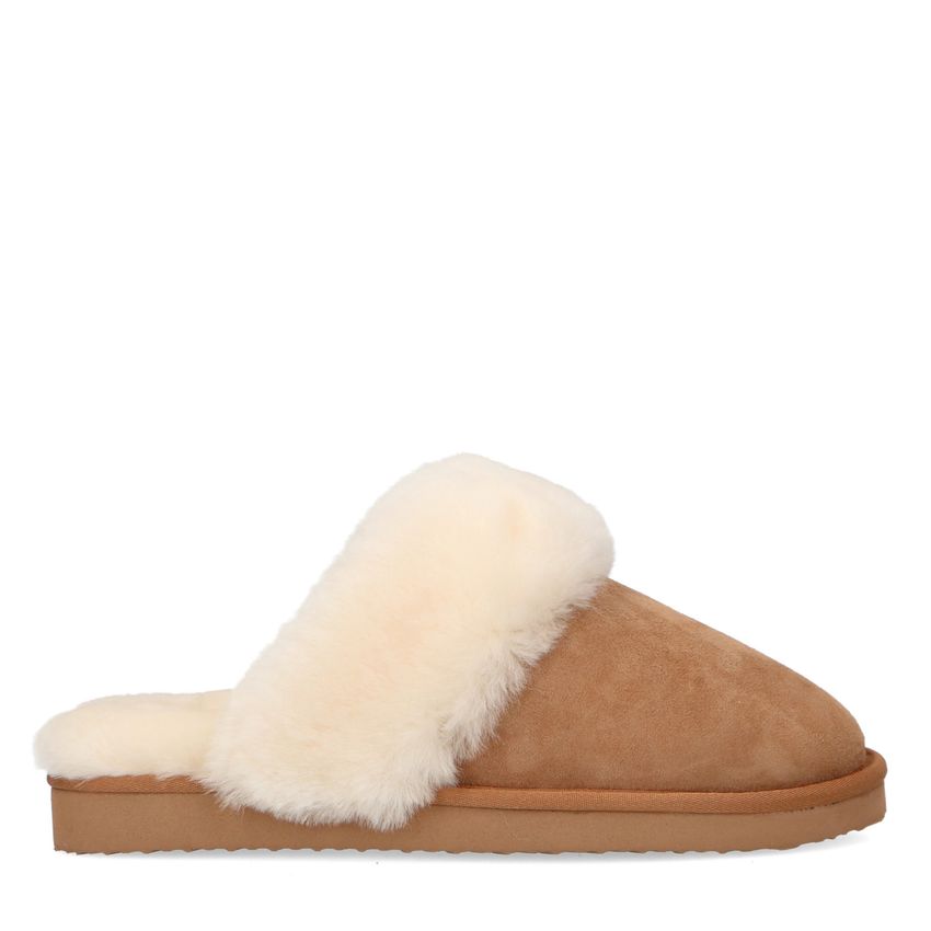 Manfield Cognac pantoffels met wollen voering