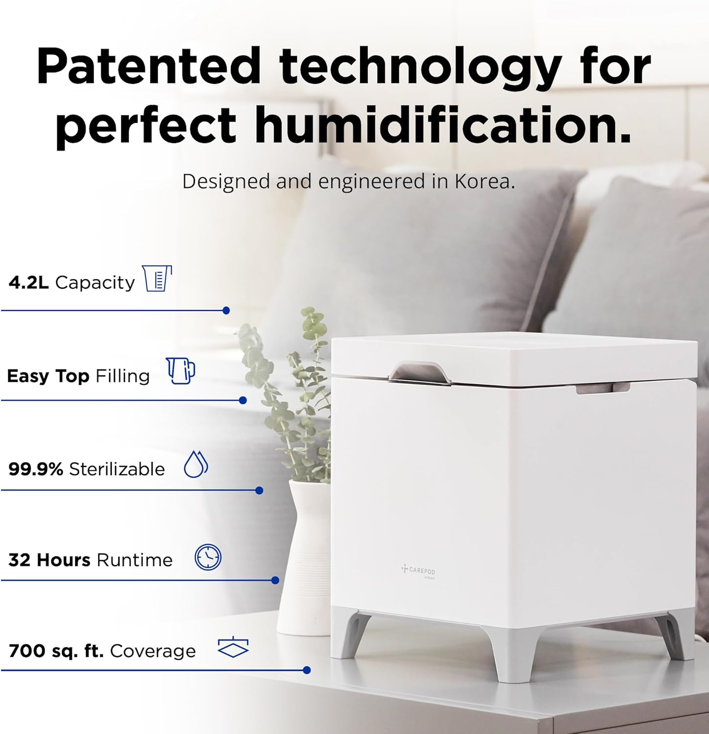 Carepod Cube Plus X50V Stainless Steel Humidifier - Easy to Clean, 3 Mist Level Settings, Auto-Humidity & Auto Shut-Off Feature, One Touch Built-in Sanitization, No Filters, Lasts 32Hrs (1.1Gal/4.2L)