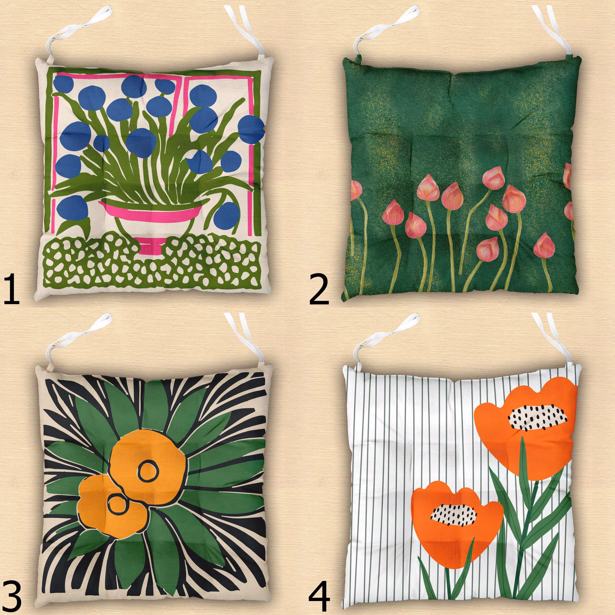 Abstract Floral Waterproof Chair Cushion, Cottagecore Floral Seat Pad