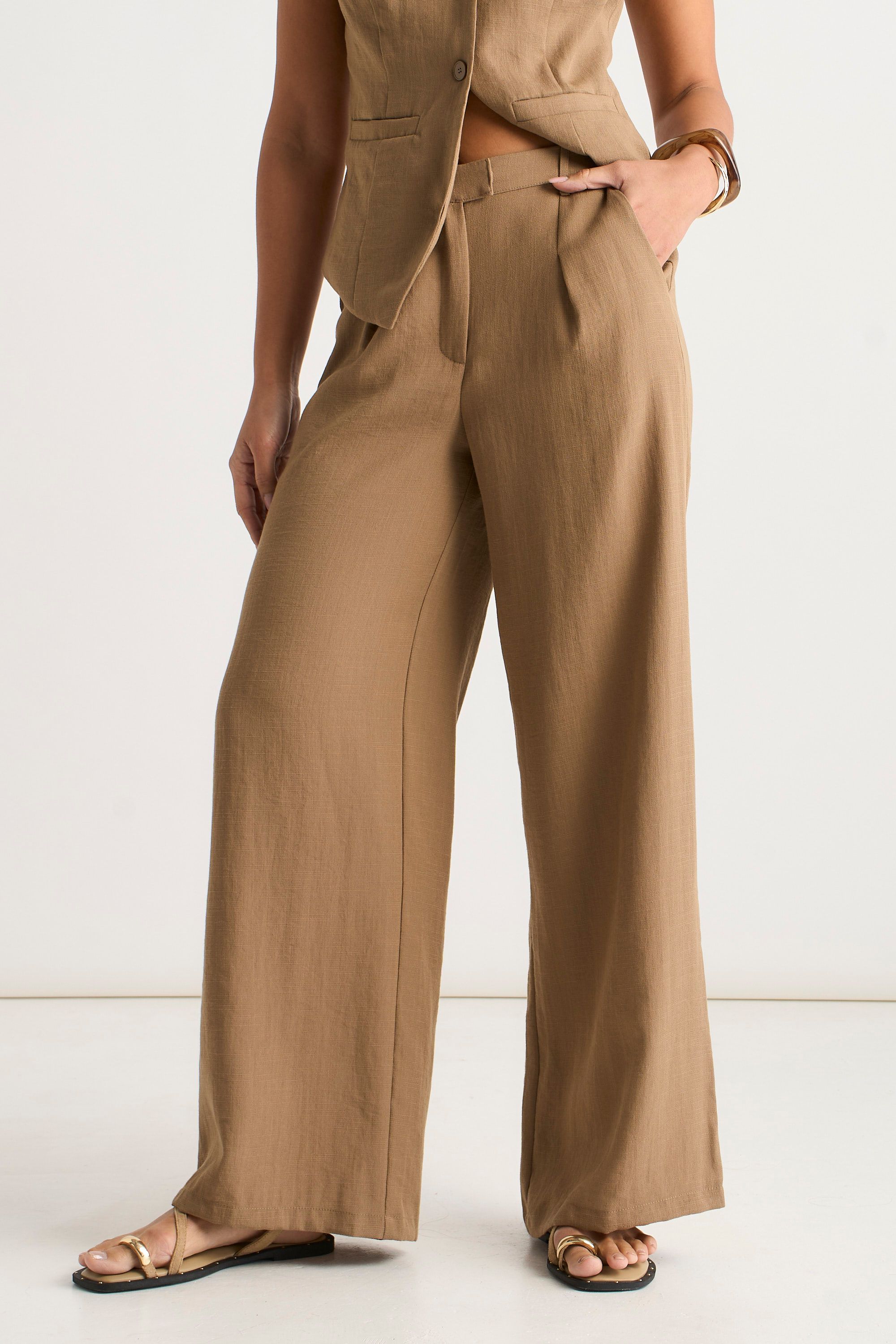 Gini London Camel Tailored Wide Leg Trousers