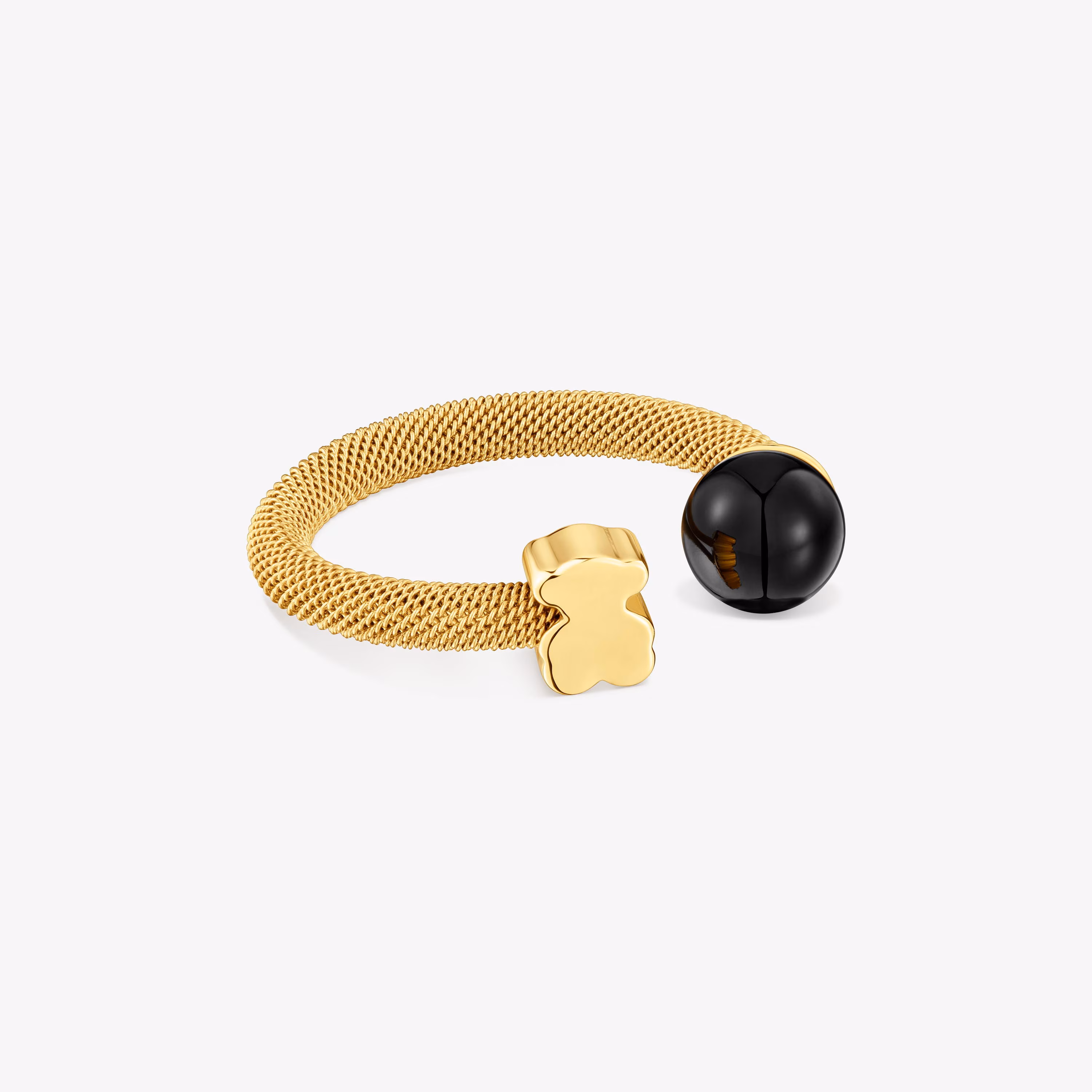 Anillo abierto de acero dorado y ónix Icon Mesh