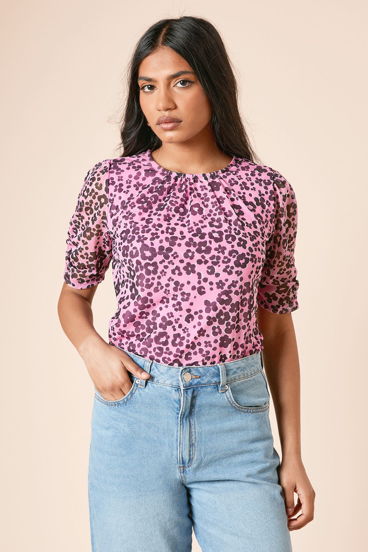 Dorothy Perkins Petite Animal Gathered Neckline Puff Sleeve Mesh Jersey Top