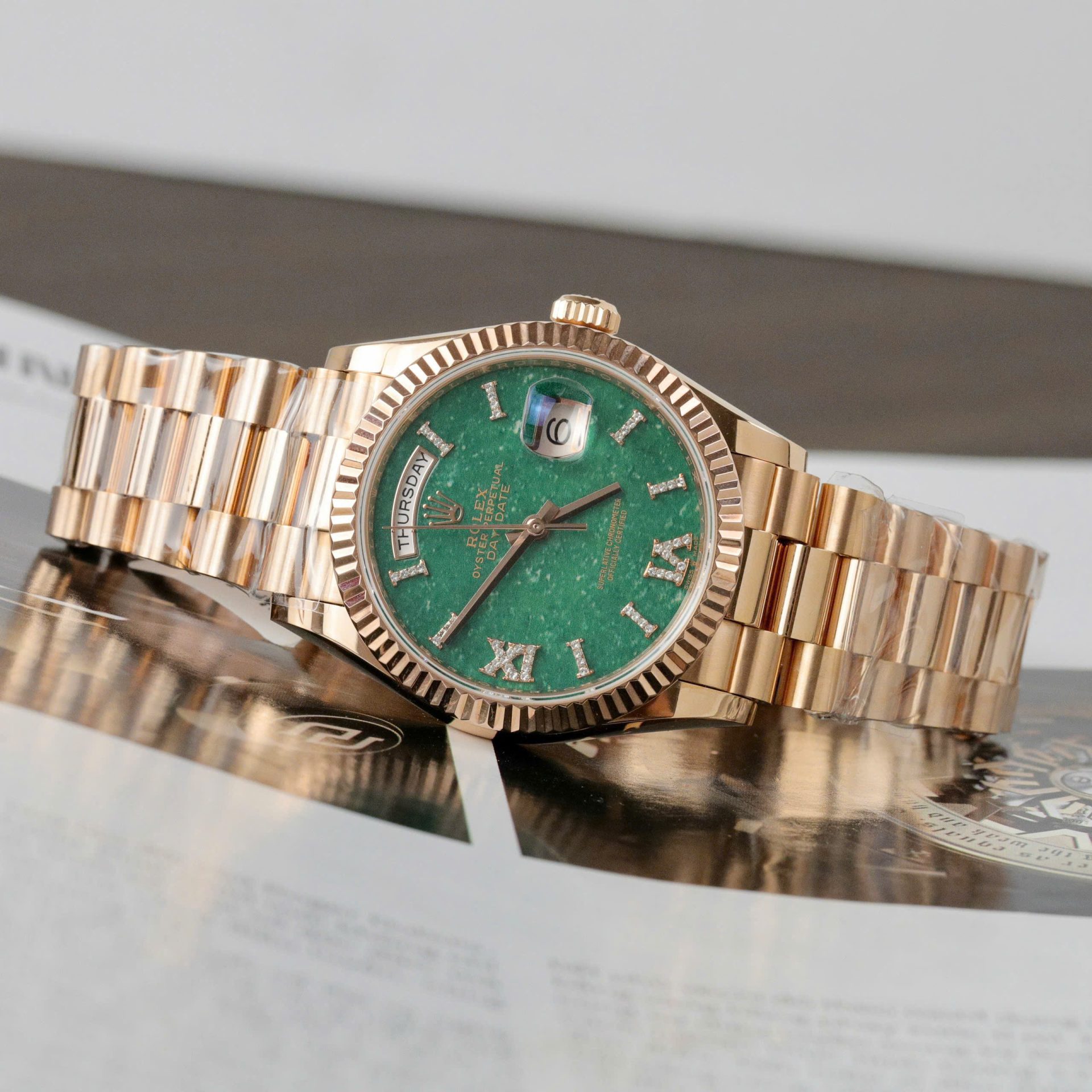 Rolex Day-Date 128235 RG Plated Green Dial CZ Diamonds 36mm Super Clone