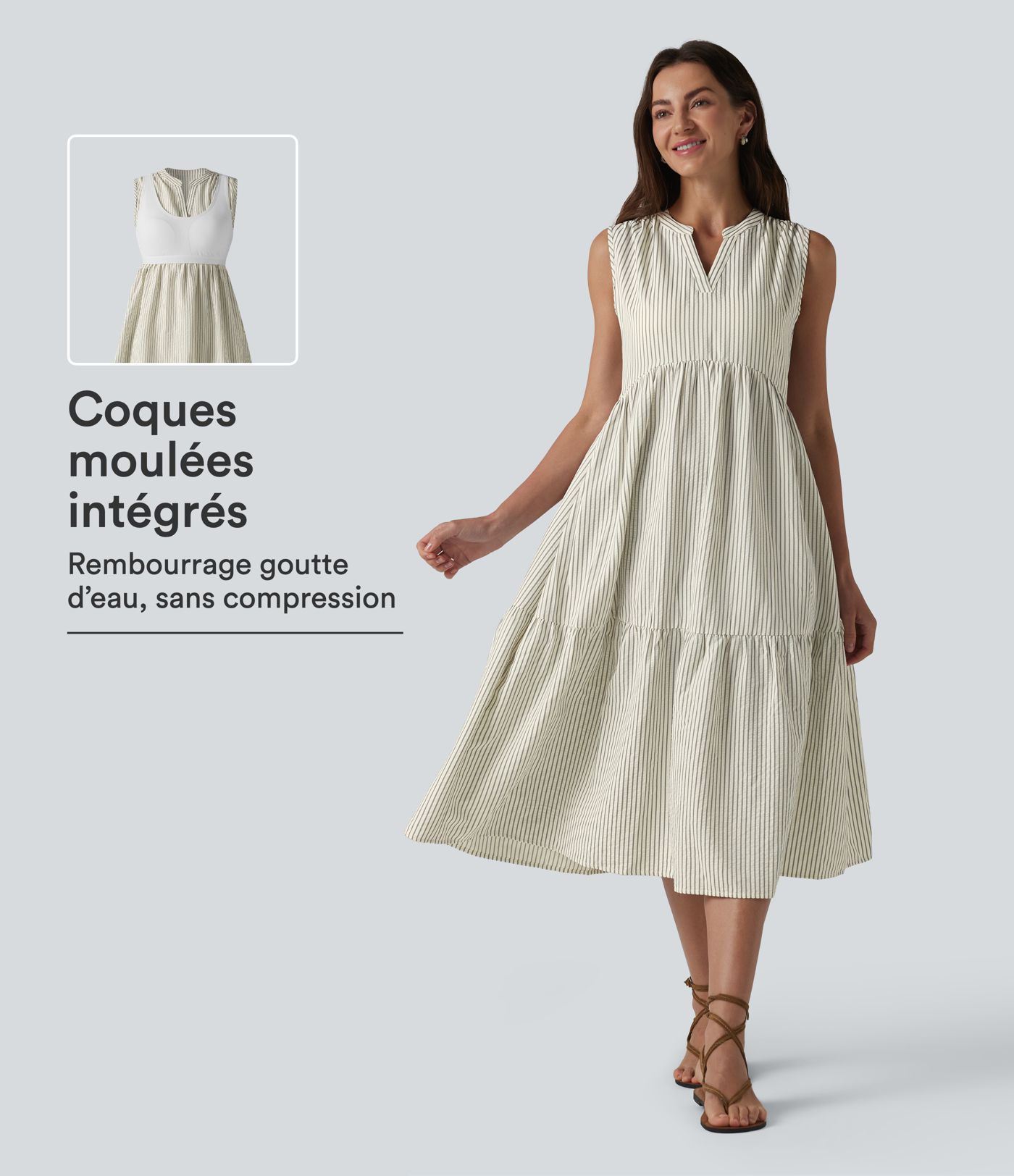 Robe midi rayée sans manches col V avec soutien-gorge intégré