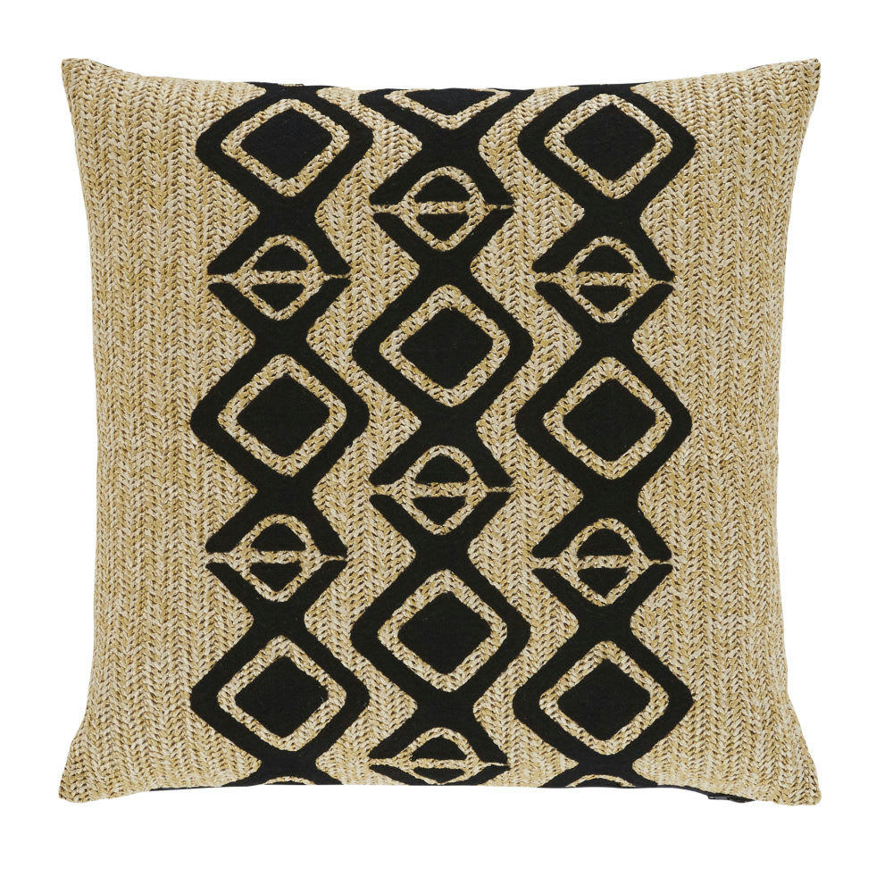 WAFI - Coussin tissé en polypropylène beige broderie noire 45x45