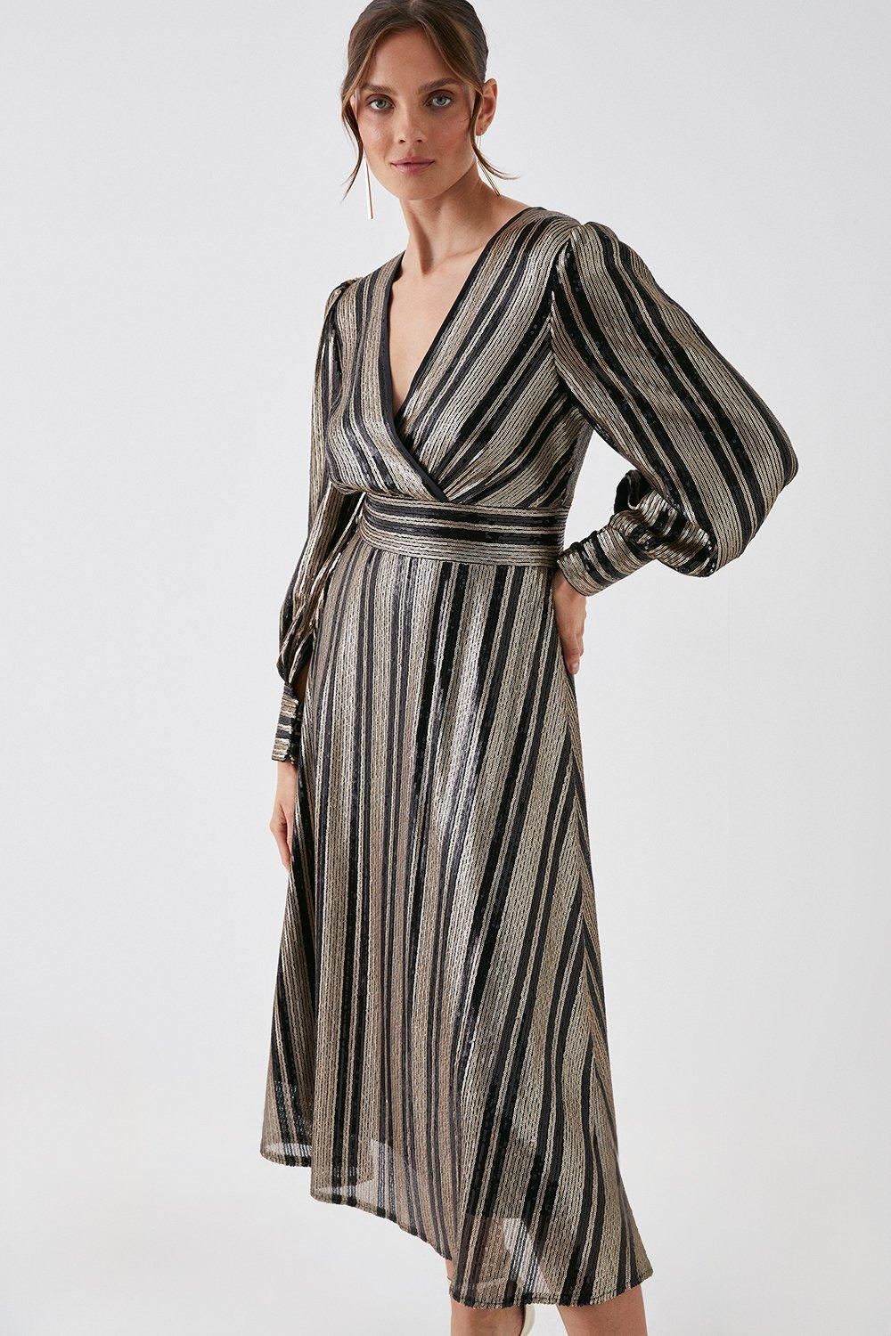 Debut London Debut London by Coast Linear Sequin Blouson Sleeve Midi Dress