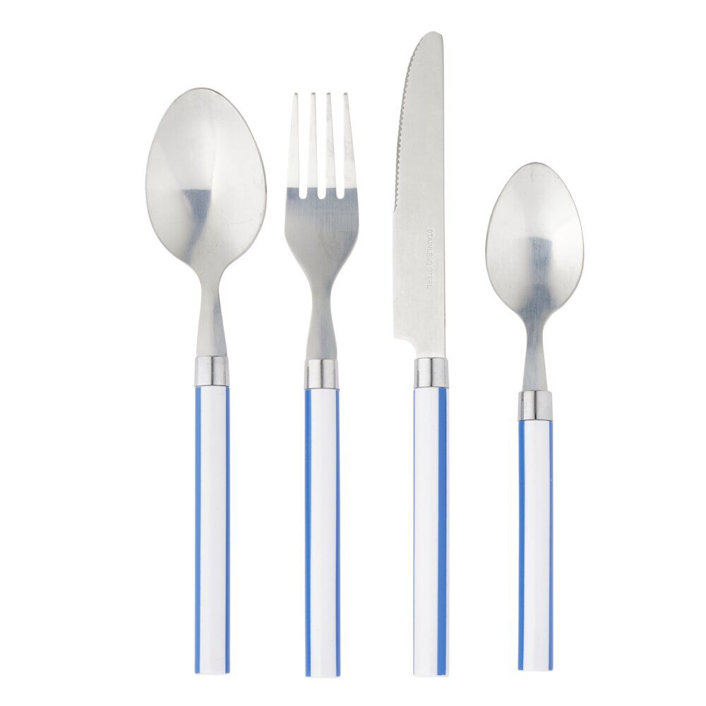 Ménagère 16 pièces inox et plastique bayadère blanc et bleu
