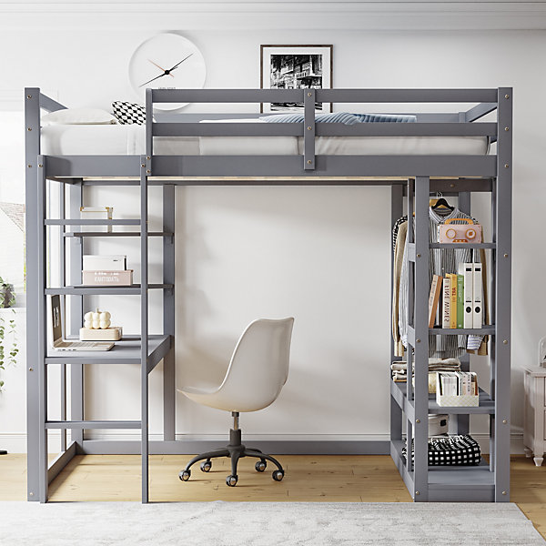 Lit mezzanine 140x200 cm - Lit double avec bureau intégré, rangements pratiques et échelle - Bois de pin et MDF - Gris
