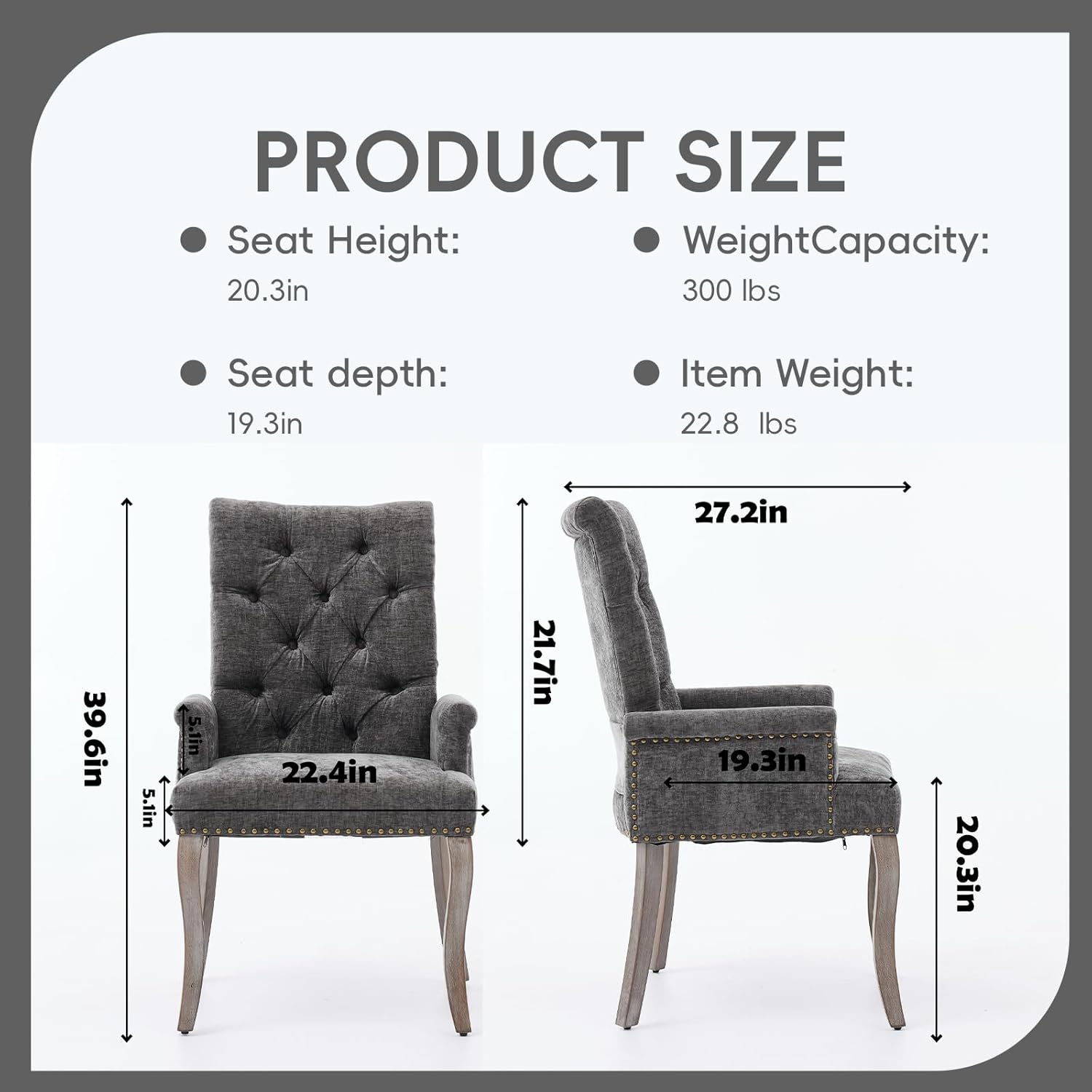 Upholstered Tufted Chenille Dining Chairs with Arms & Nailhead Trim – Solid Wood Frame & Legs, Modern Farmhouse for Dining, Kitchen & Living Room (Set of 6, Gray)