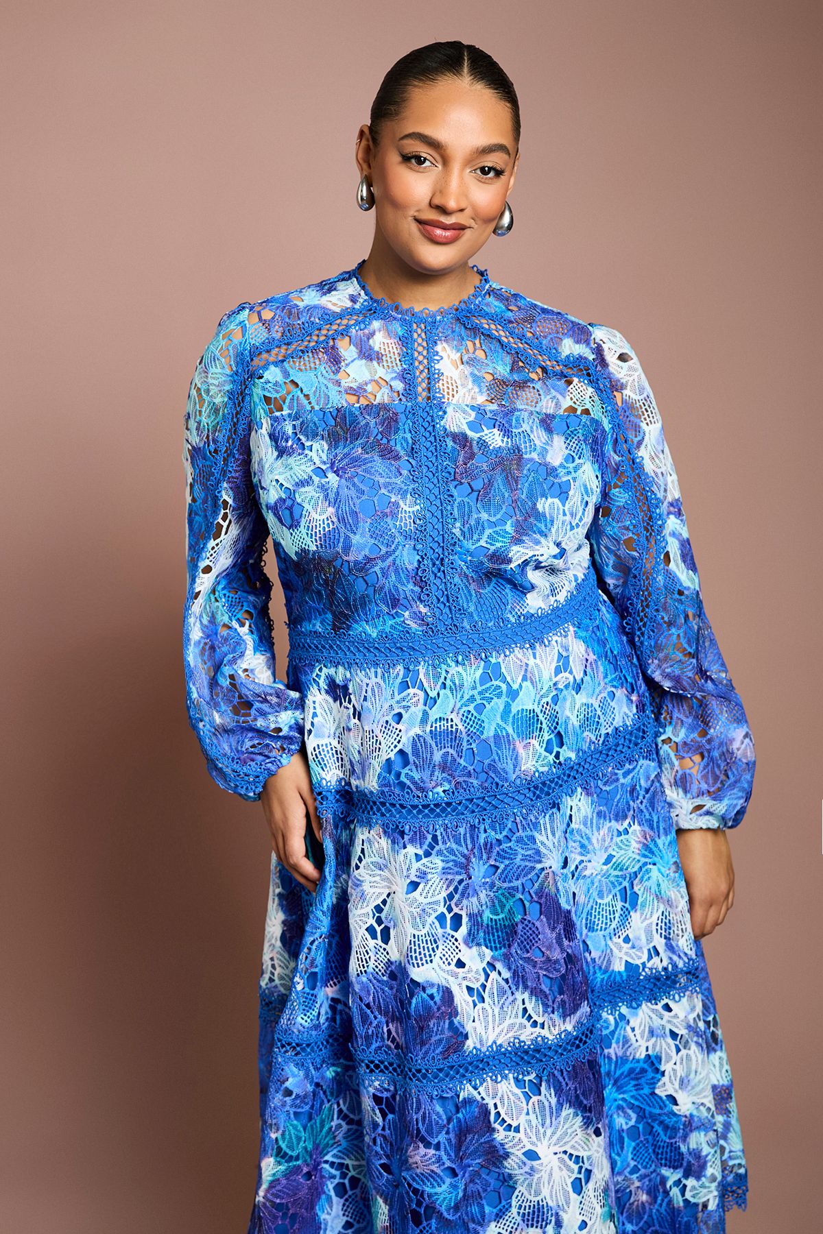 Coast Plus Printed Lace Panelled Long Sleeve Dress
