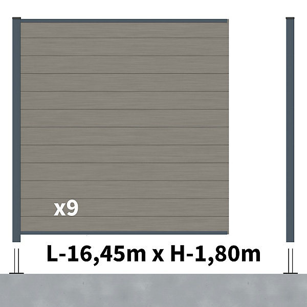 Kit Clôture Composite RIO Platines 16,5x1,8m - Bois composite &Aluminium - Poteaux sur Platines Gris - Brise vue - Palissade