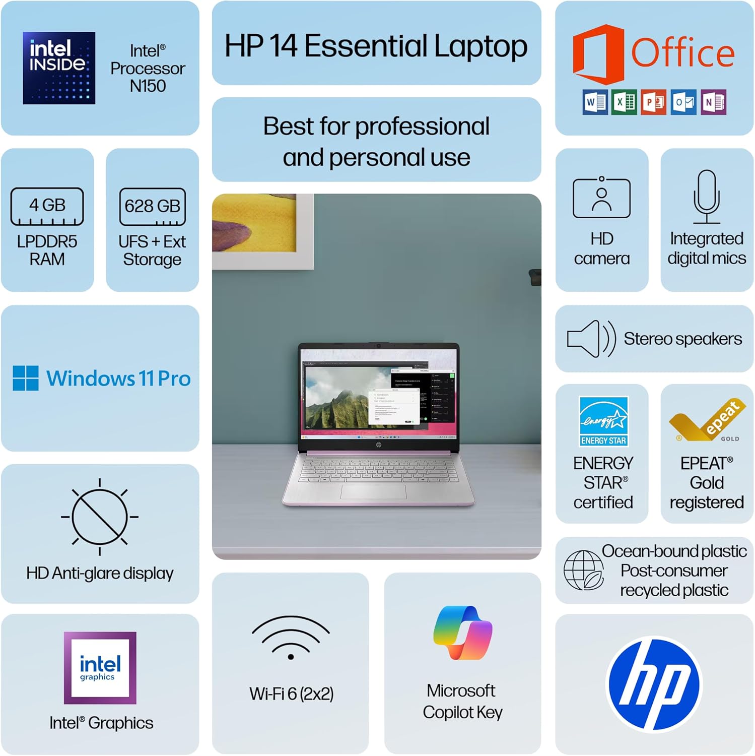 HP 14” Ultra Light Thin Laptop Computer 2026 Premium, MS Office, Copilot AI, 4-Core Intel CPU, 4GB DDR5 RAM, 628GB Storage (128GB UFS+500GB Ext), Long Battery, MarxsolAccessory, Win 11 Pro, Lavender