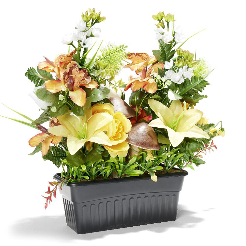 Jardinière lestée de fleurs artificielles automne et champignon 57x33xH47cm