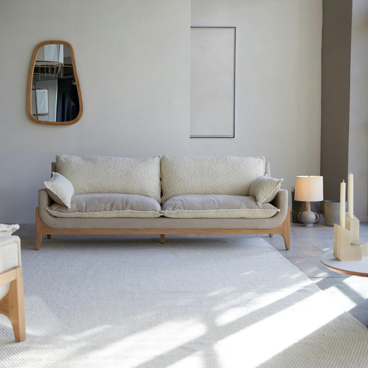 WOODNEST - Canapé en chêne massif et tissu Linen 3 places