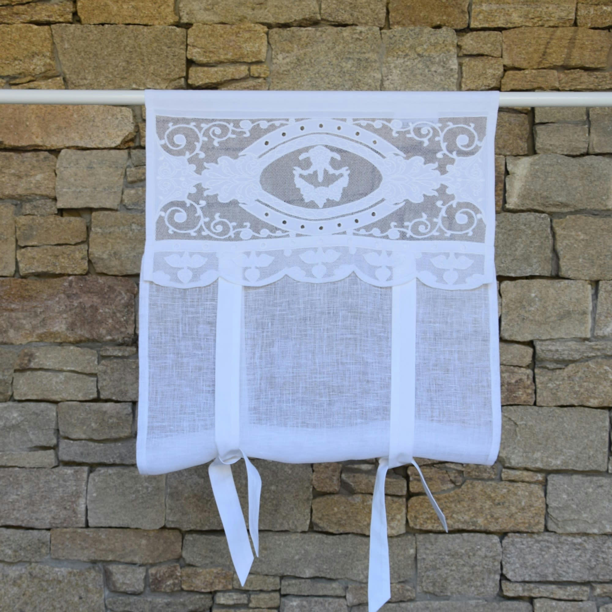 BERGERAC - Store en lin blanc et broderies 80X160 CM