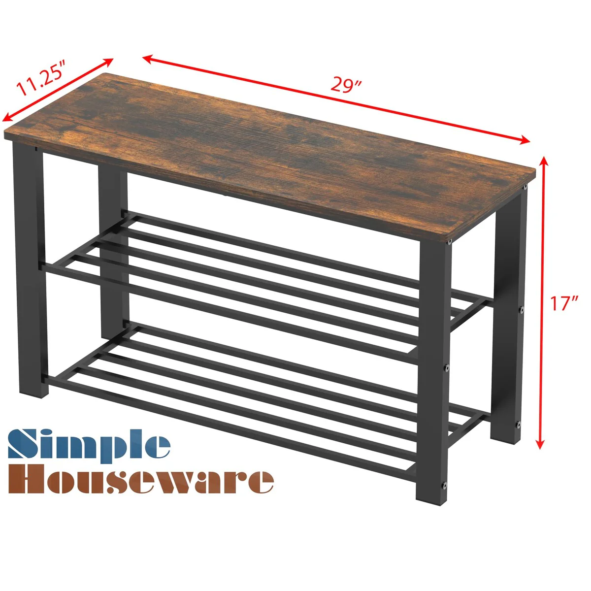 Wood Top Shoe Storage Bench for Entryway, Rustic Brown