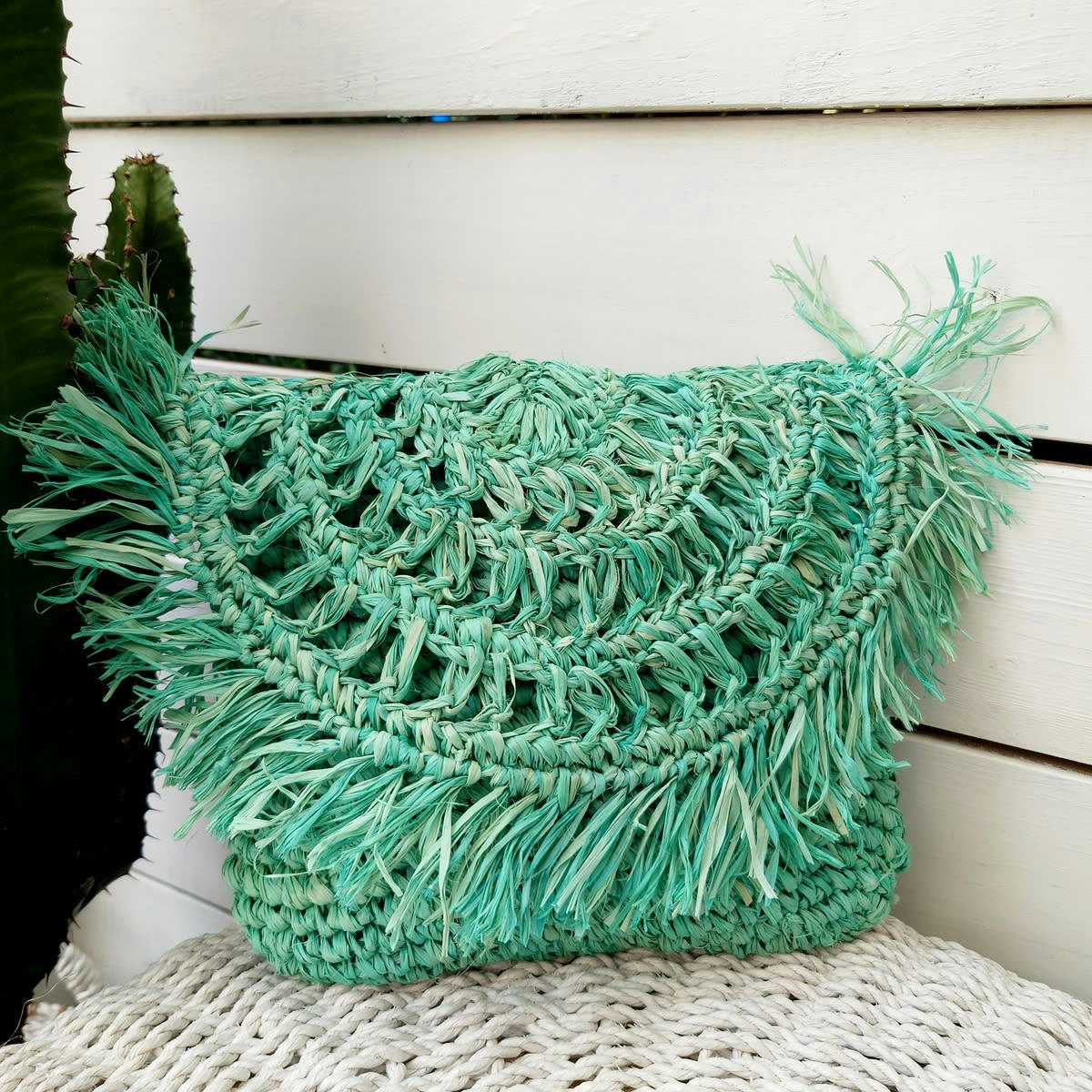 BONA - Pochette chic en raphia, turquoise