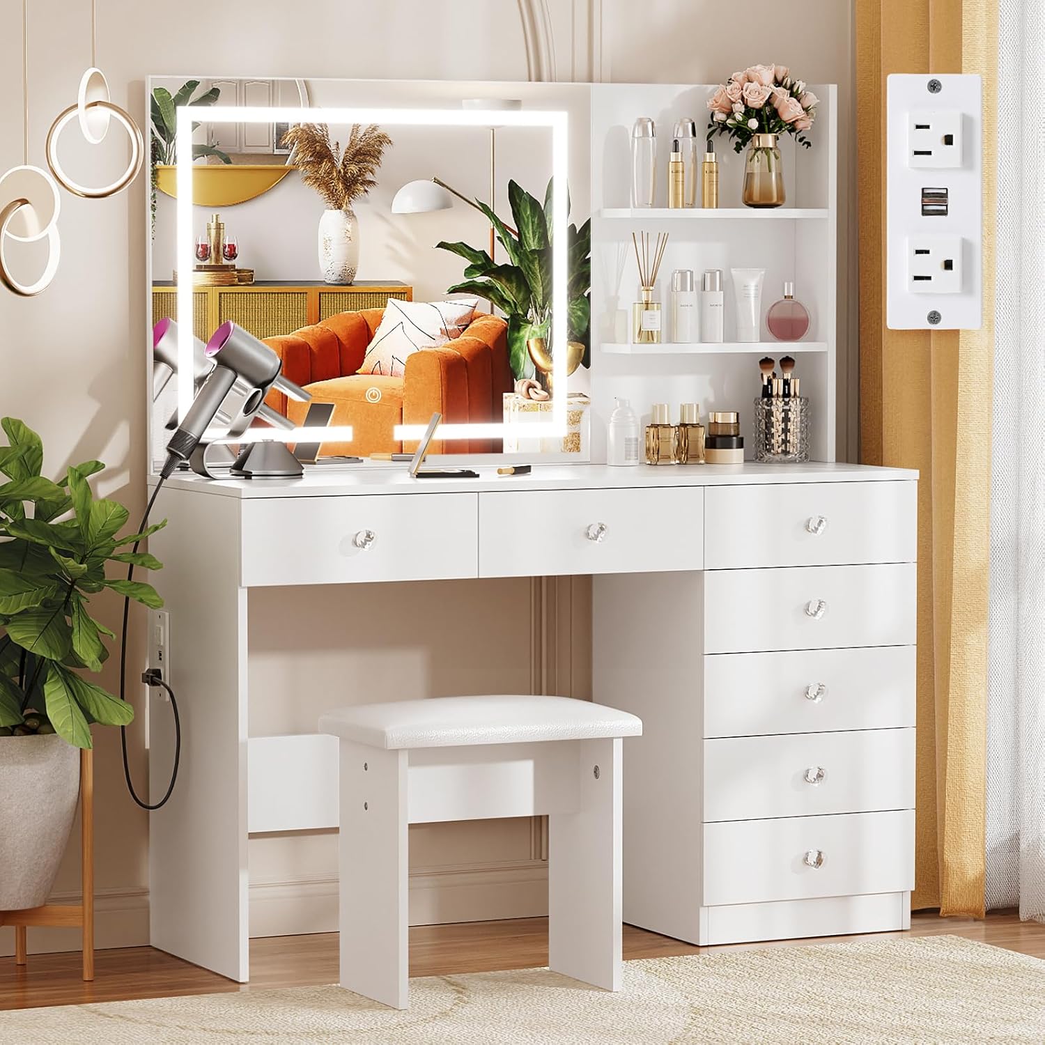 VOWNER Vanity with Lighted Mirror - 47 Makeup Vanity Desk with 7 Drawers, 3 Storage Shelves and Outlet, 3 Color Lighting Modes with Adjustable Brightness, Makeup Desk with Stool for Bedroom (White)