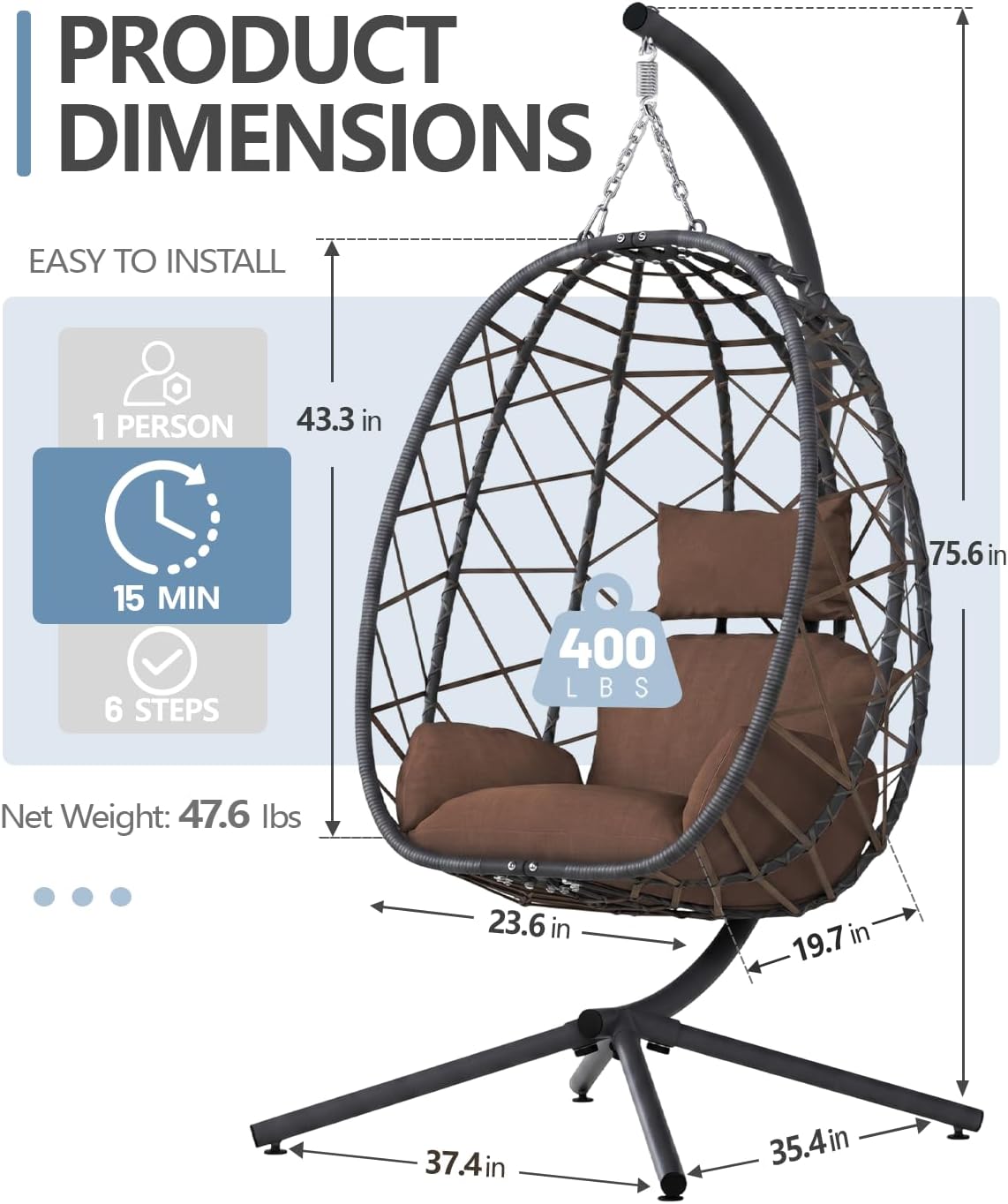SWITTE Hanging Egg Chair with Stand, Outdoor Indoor Rattan Wicker Egg Swing Chair with Cushion, Heavy Duty Patio Hammock Chairs for Garden Backyard Balcony Bedroom, 400LBS Capacity, Brown
